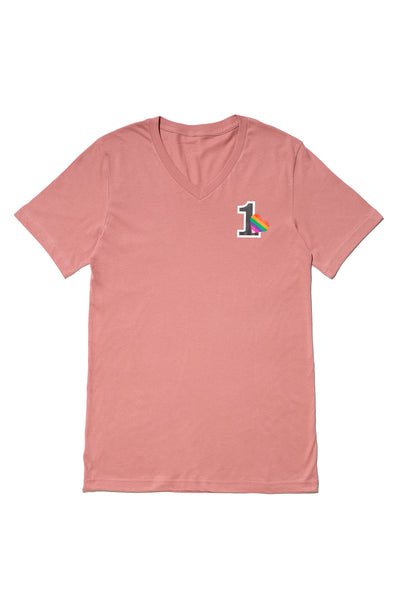 ONE HEART, ONE LOVE V-NECK T-SHIRT; BLACK & MAUVE