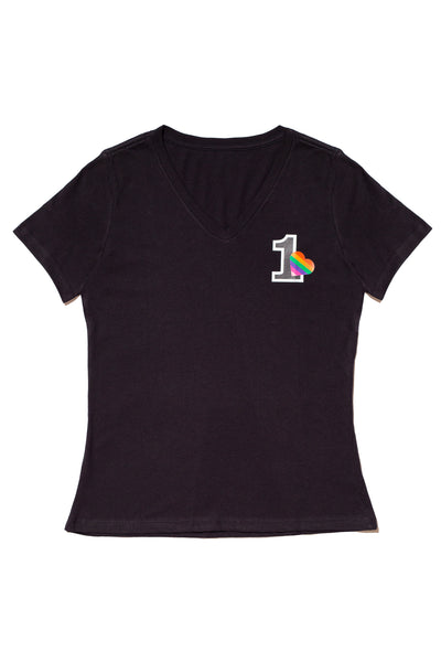ONE HEART, ONE LOVE WOMEN'S RELAXED V-NECK T-SHIRT; BLACK & MAUVE