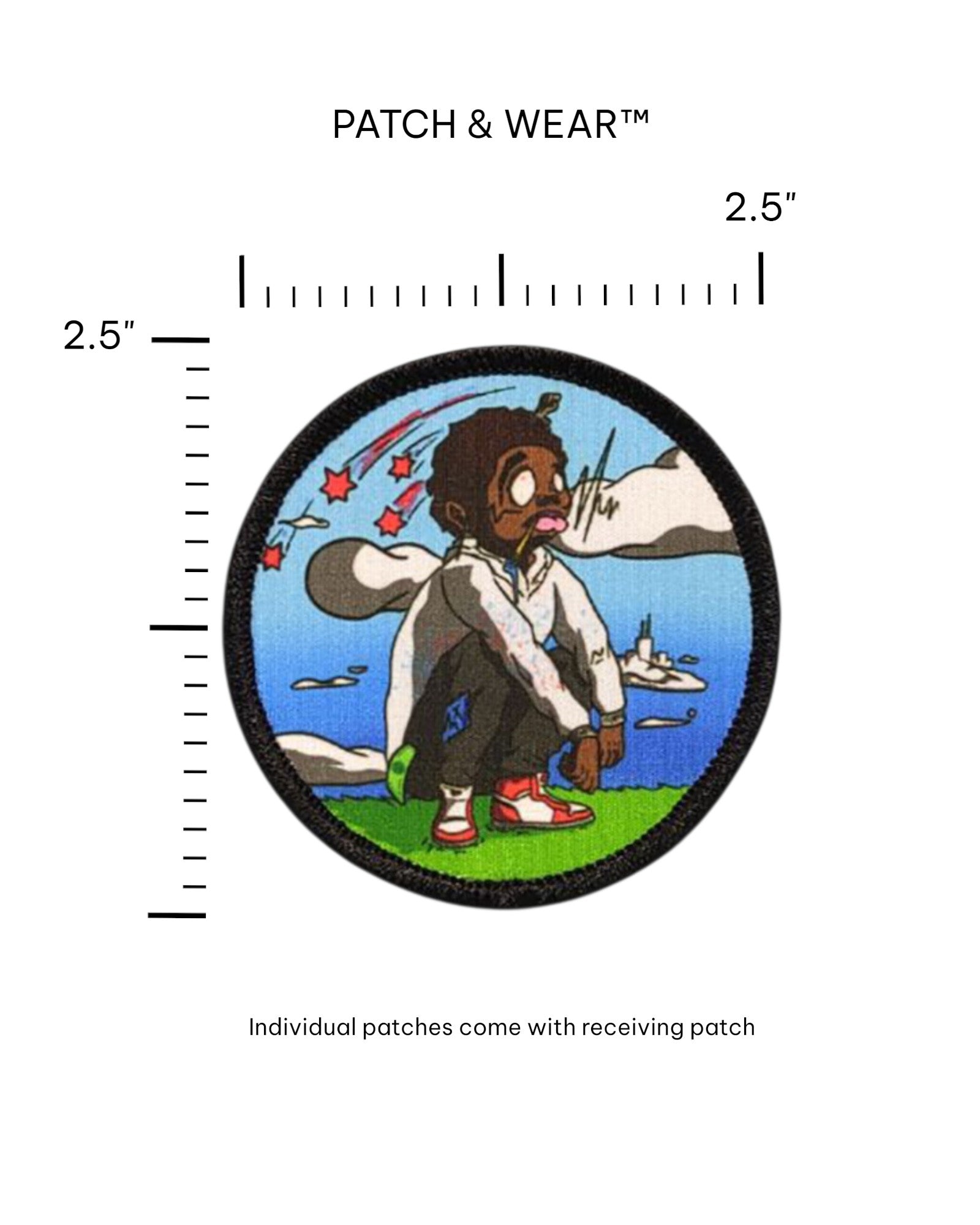 2.5-inch Dreamers sublimated patch by Anthony Bartley on a ruler grid for size reference.