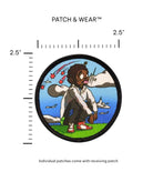 2.5-inch Dreamers sublimated patch by Anthony Bartley on a ruler grid for size reference.
