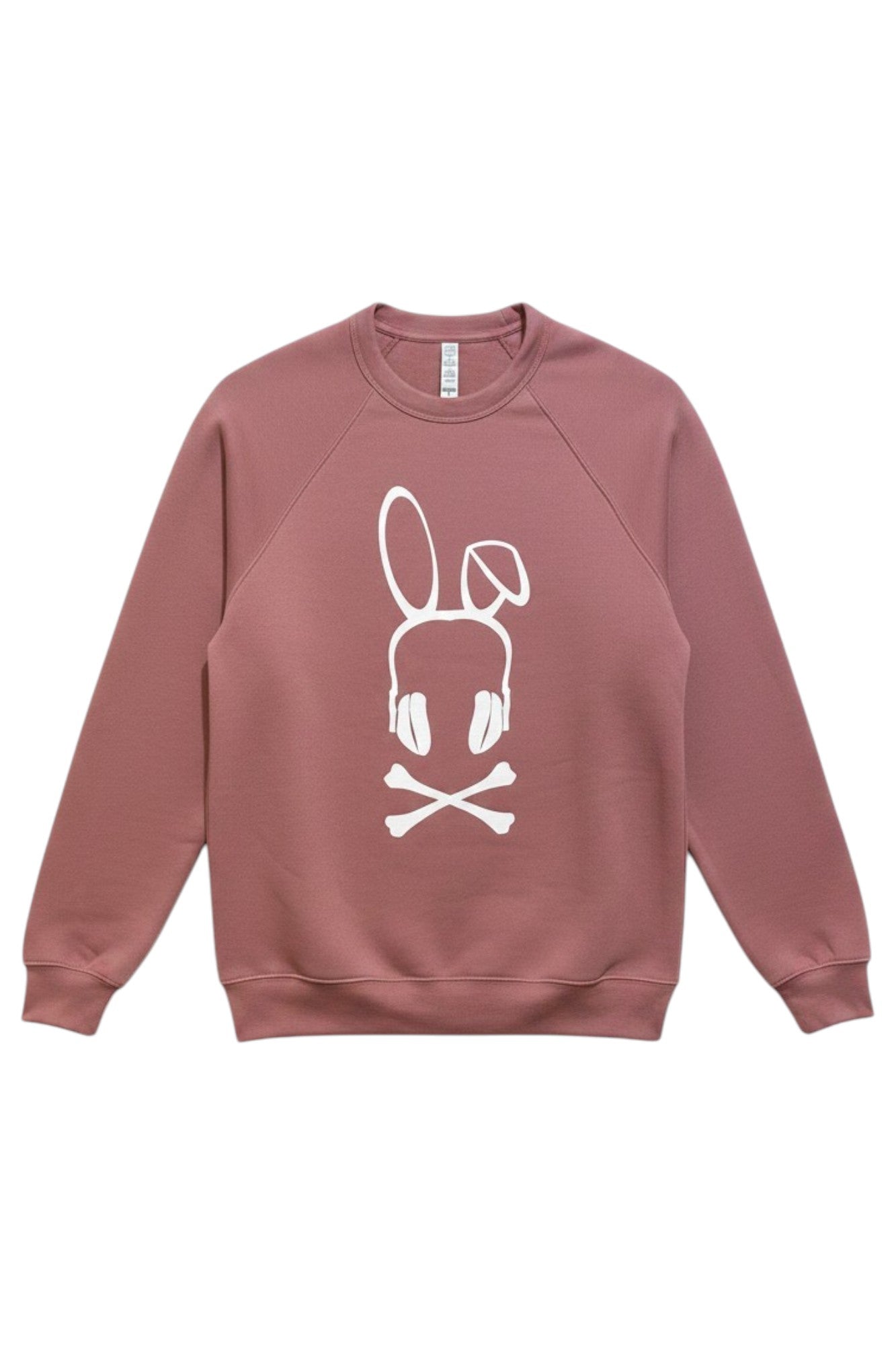 Front view of the Bad Bunny Headphones Raglan Crewneck Sweatshirt in Mauve, featuring a screenprinted graphic of headphones with rabbit ears and crossbones.