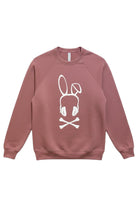 Front view of the Bad Bunny Headphones Raglan Crewneck Sweatshirt in Mauve, featuring a screenprinted graphic of headphones with rabbit ears and crossbones.