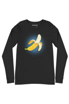 Front view of Banana Pop long sleeve t-shirt in black, banana pop art graphic on chest by SOUNDOFF