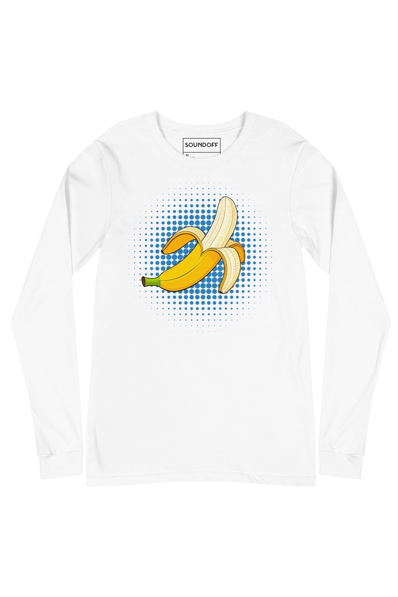 Front view of Banana Pop long sleeve t-shirt in white, banana pop art graphic on chest by SOUNDOFF