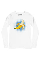 Front view of Banana Pop long sleeve t-shirt in white, banana pop art graphic on chest by SOUNDOFF