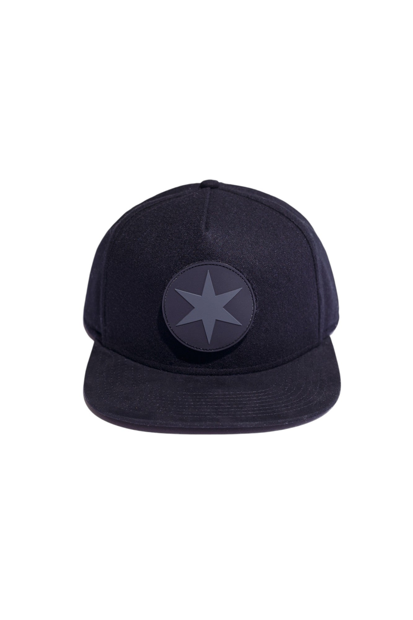 Black flannel and suede high-crown snapback with Chicago star pvc patch, front view.