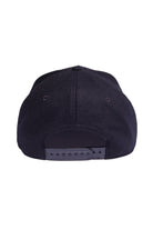 Back view of black five-panel snapback  hat showing adjustable strap and closure.