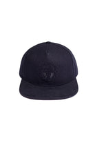 Black flannel and suede high-crown snapback hat with headphone embroidered receiving patch, front view.