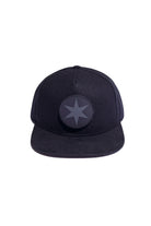 Black flannel and suede high-crown snapback hat with Chicago star pvc patch, front view.