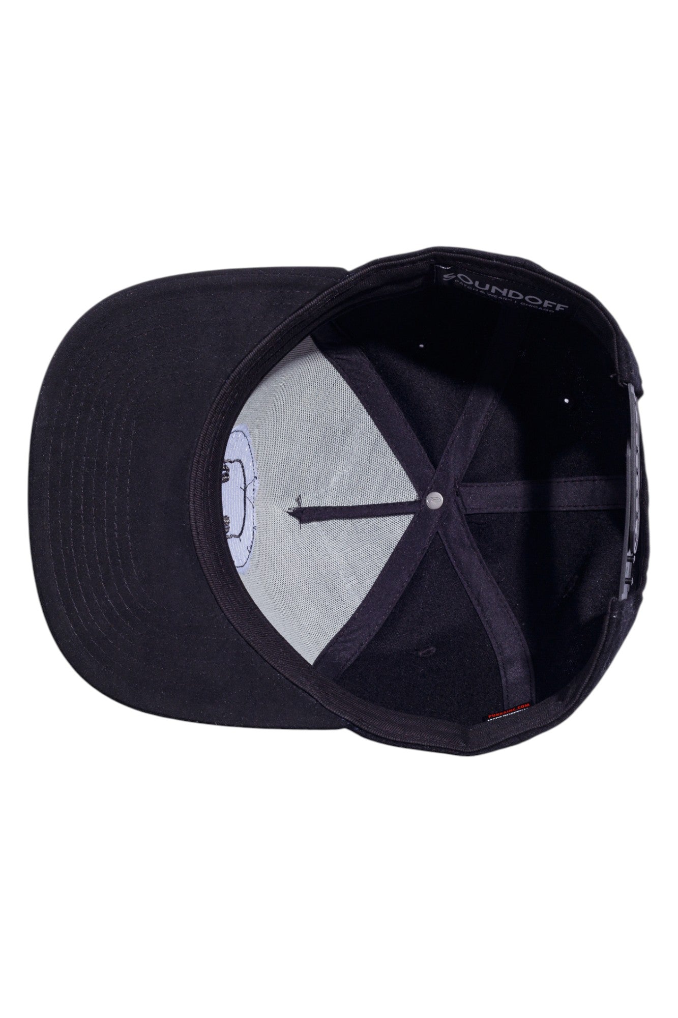 Underneath view of black flannel and suede snapback showing the undervisor and interior construction.