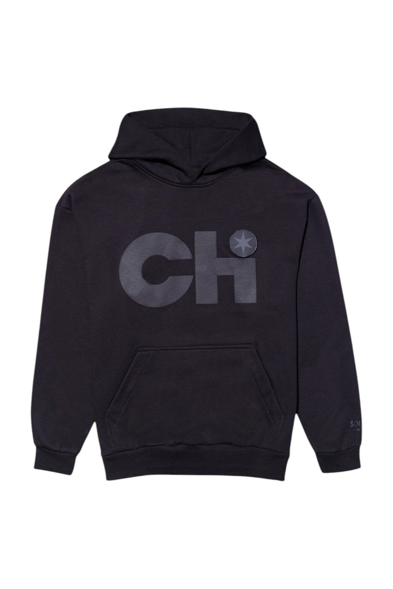 Flat view of the Chi heavyweight pullover featuring a tonal puff print logo and attached PVC star patch.