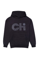 Flat view of the Chi heavyweight pullover hoodie sweatshirt featuring a tonal puff print logo and attached PVC star patch.