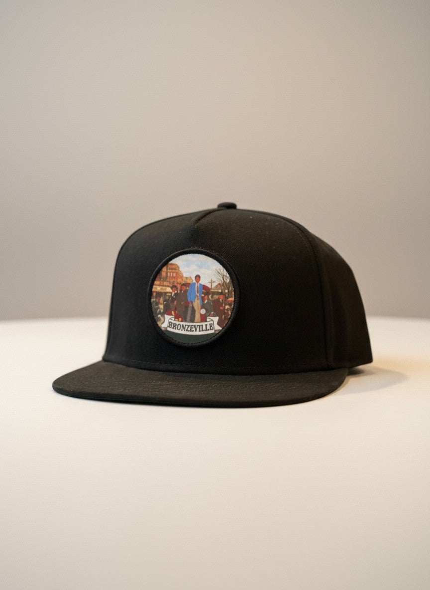 Peter Gaona "Bronzeville" sublimated patch attached to a Blackout Patch & Wear™ Chicago Star snapback hat.