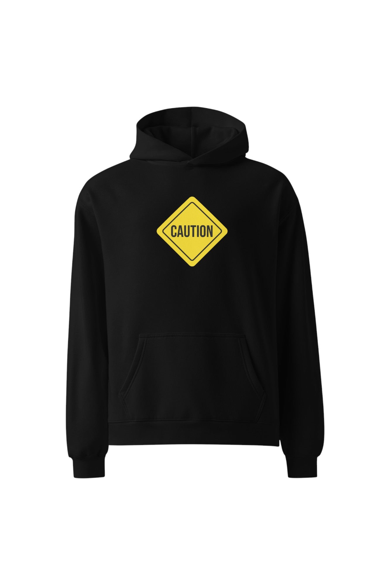 Black hoodie with a yellow 'CAUTION' sign on a white background