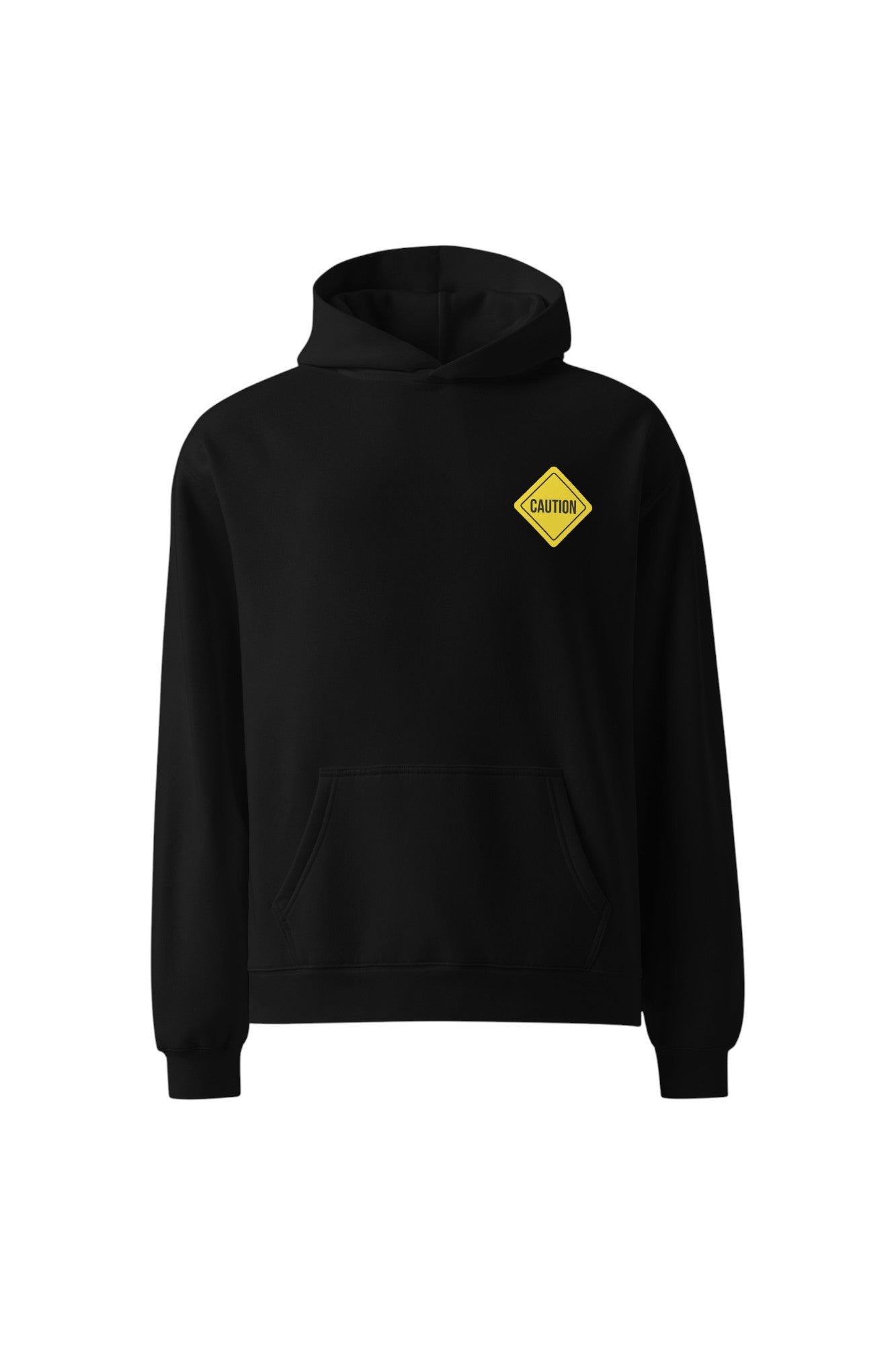 Black hoodie with a yellow caution sign patch on a white background
