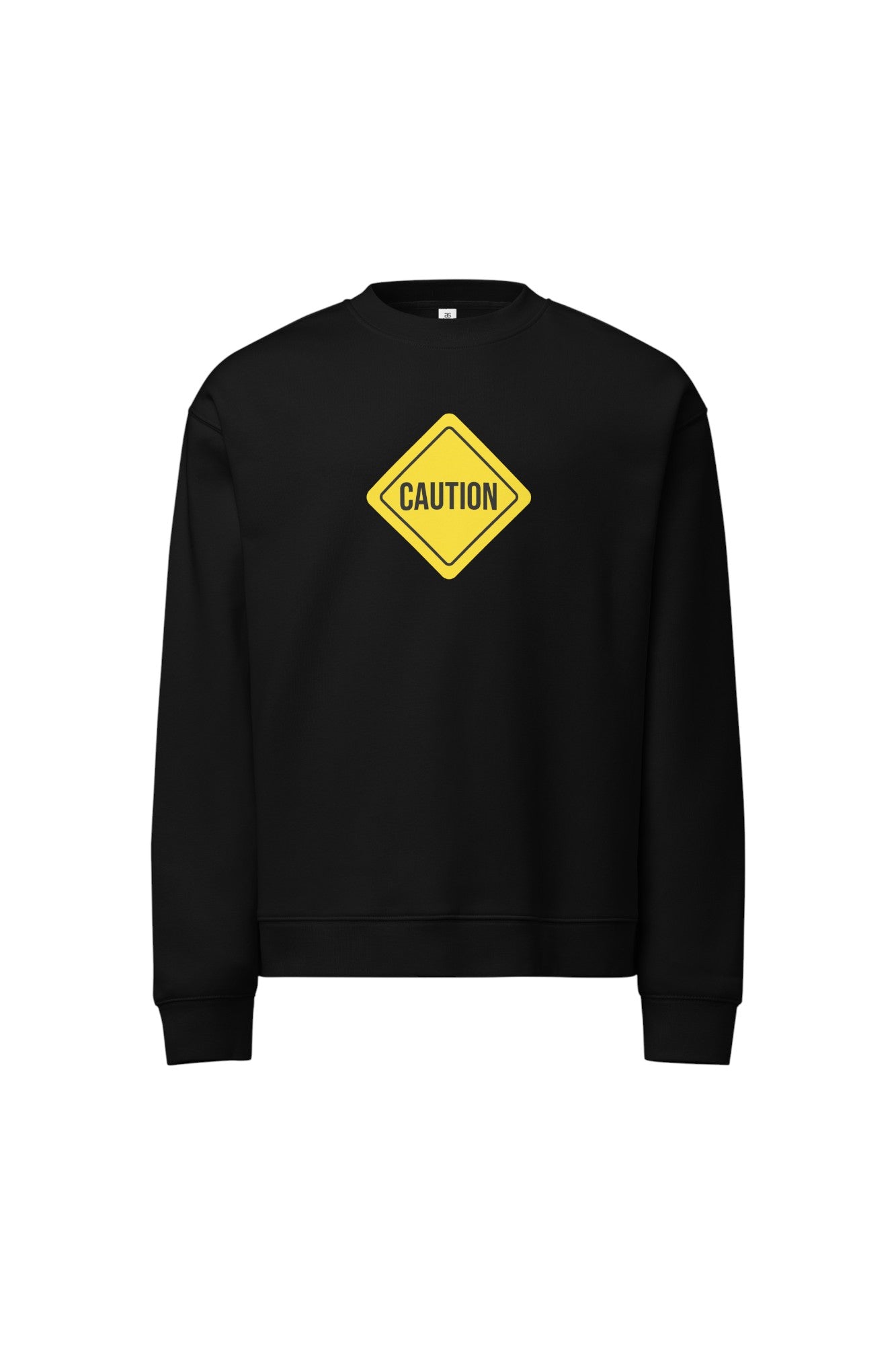 Black sweatshirt with a yellow caution sign on a white background