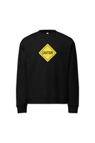 Black sweatshirt with a yellow caution sign on a white background