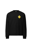 Black sweatshirt with a yellow 'Caution' sign on a white background
