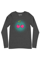 Front view of Cherry Pop long sleeve t-shirt in grey, cherry pop art graphic on chest by SOUNDOFF