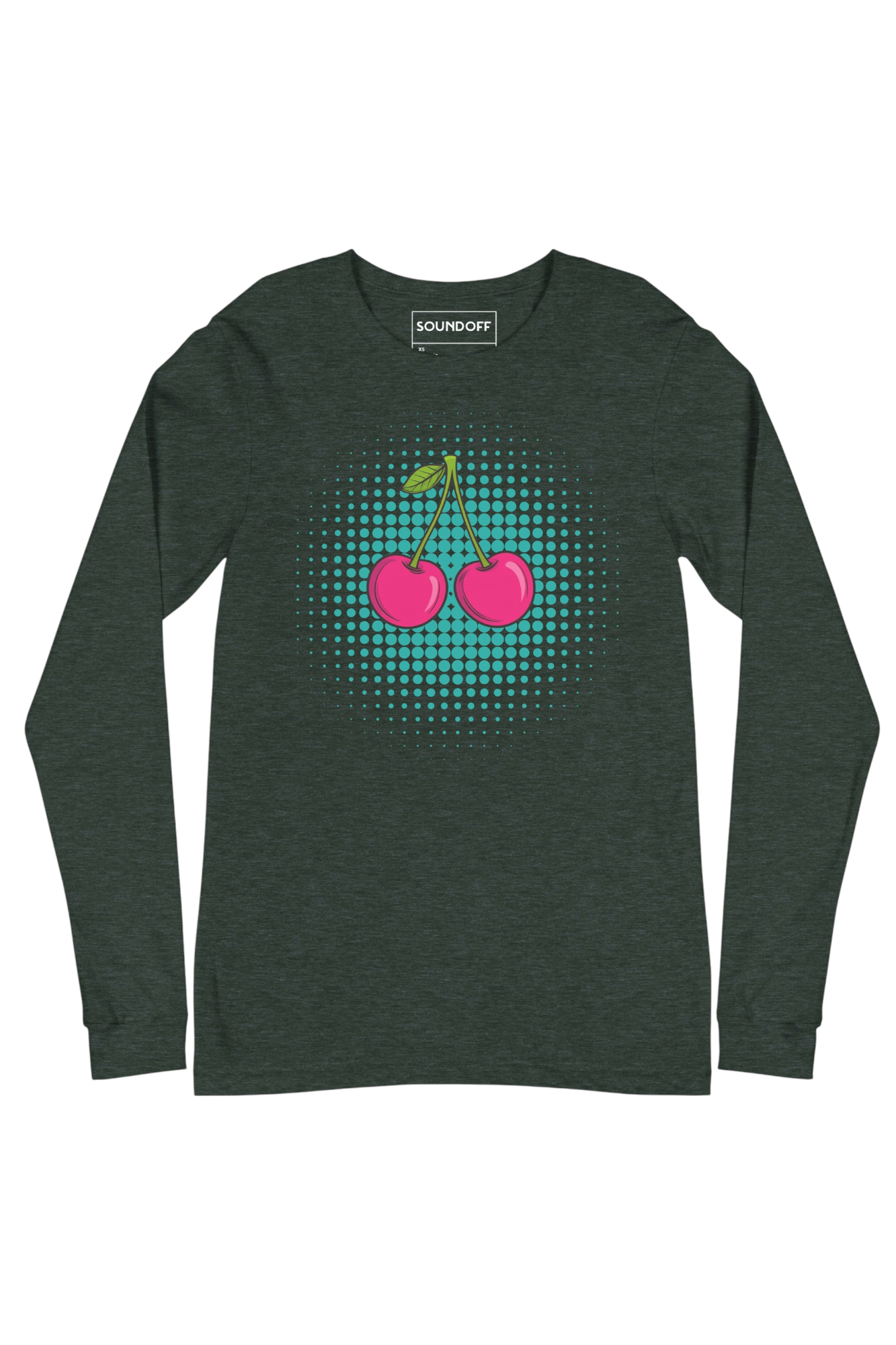Front view of Cherry Pop long sleeve t-shirt in green, cherry pop art graphic on chest by SOUNDOFF