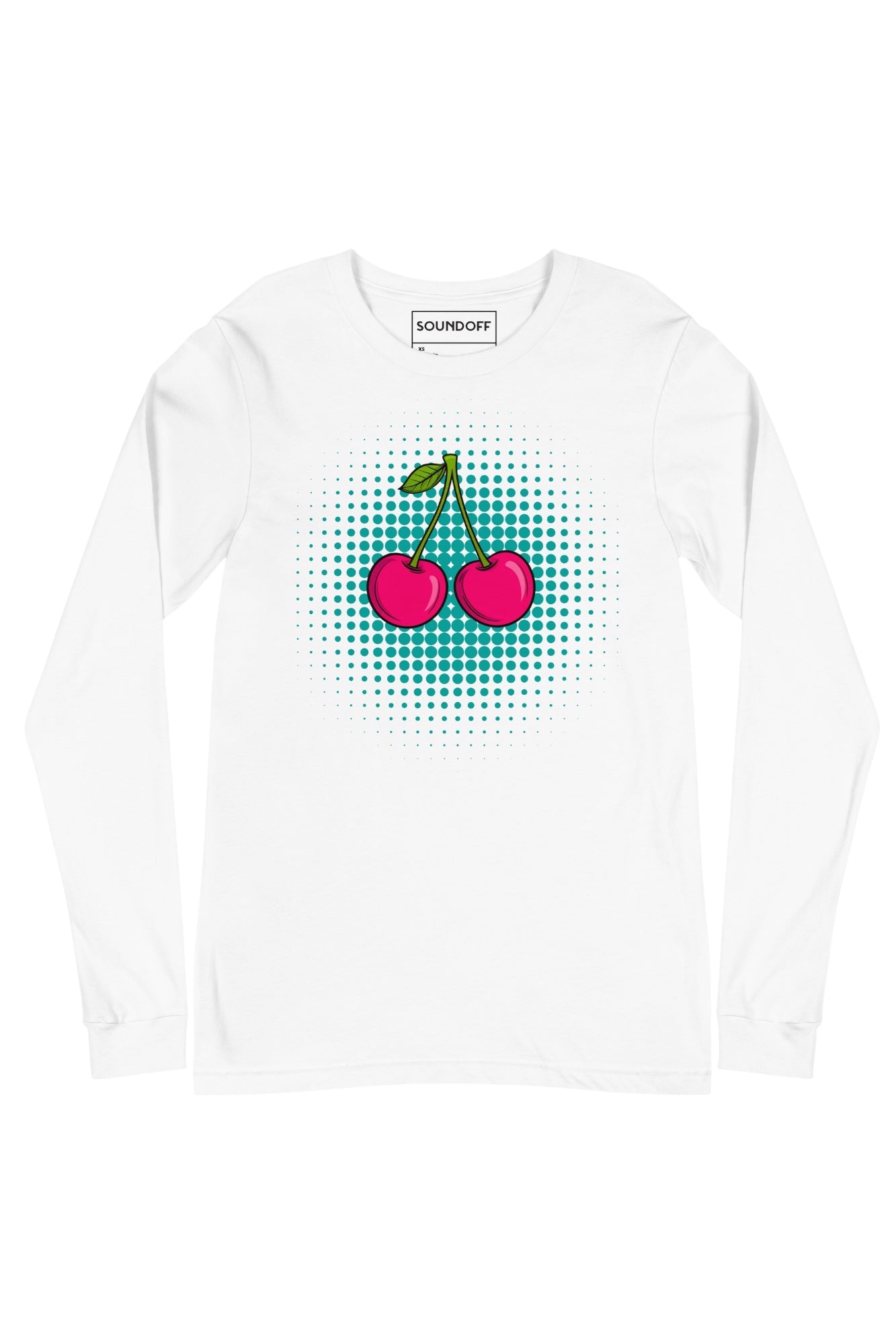 Front view of Cherry Pop long sleeve t-shirt in white, cherry pop art graphic on chest by SOUNDOFF