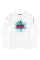 Front view of Cherry Pop long sleeve t-shirt in white, cherry pop art graphic on chest by SOUNDOFF