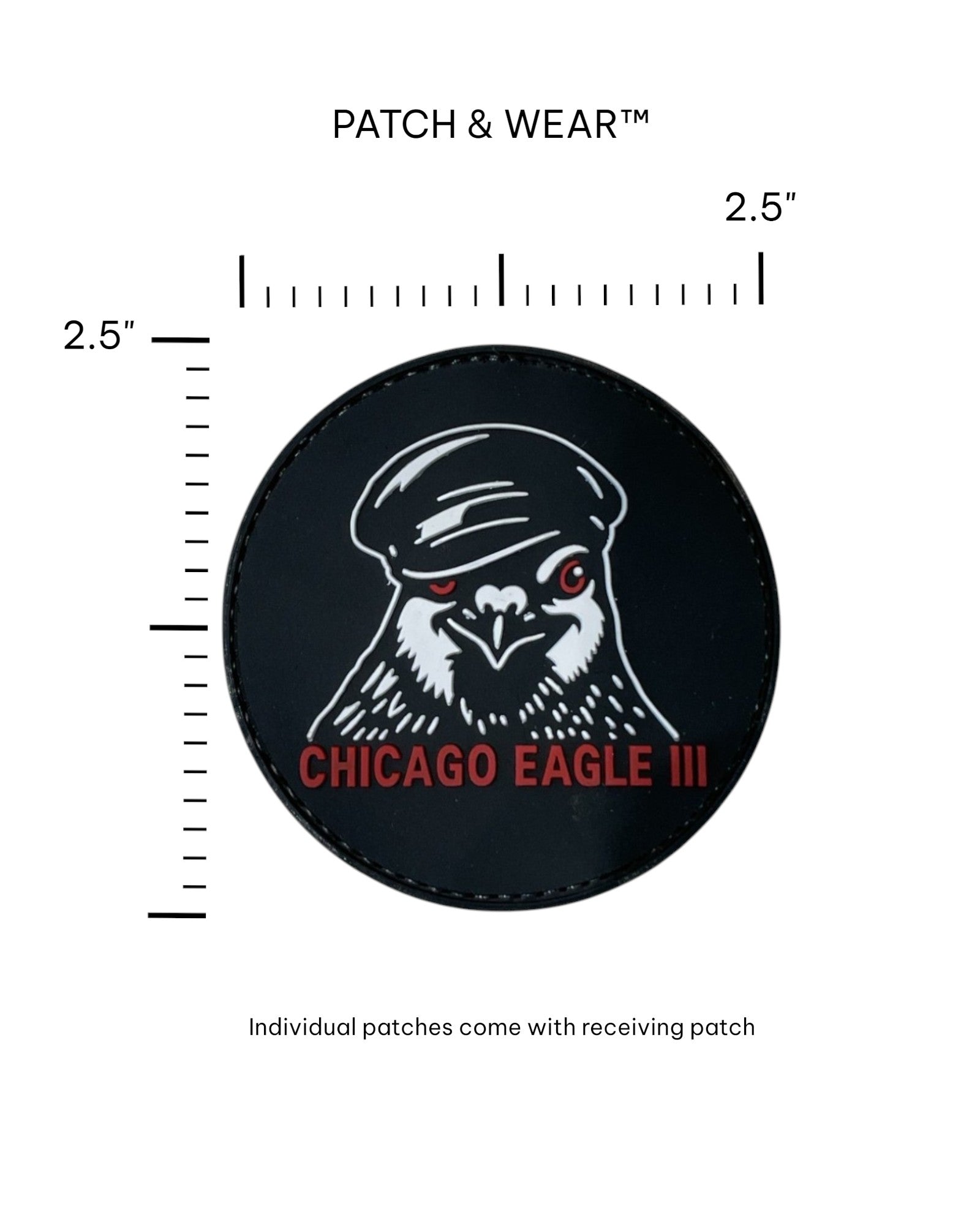 2.5-inch Chicago Eagle III PVC patch on a ruler grid; shows 3D depth and size.