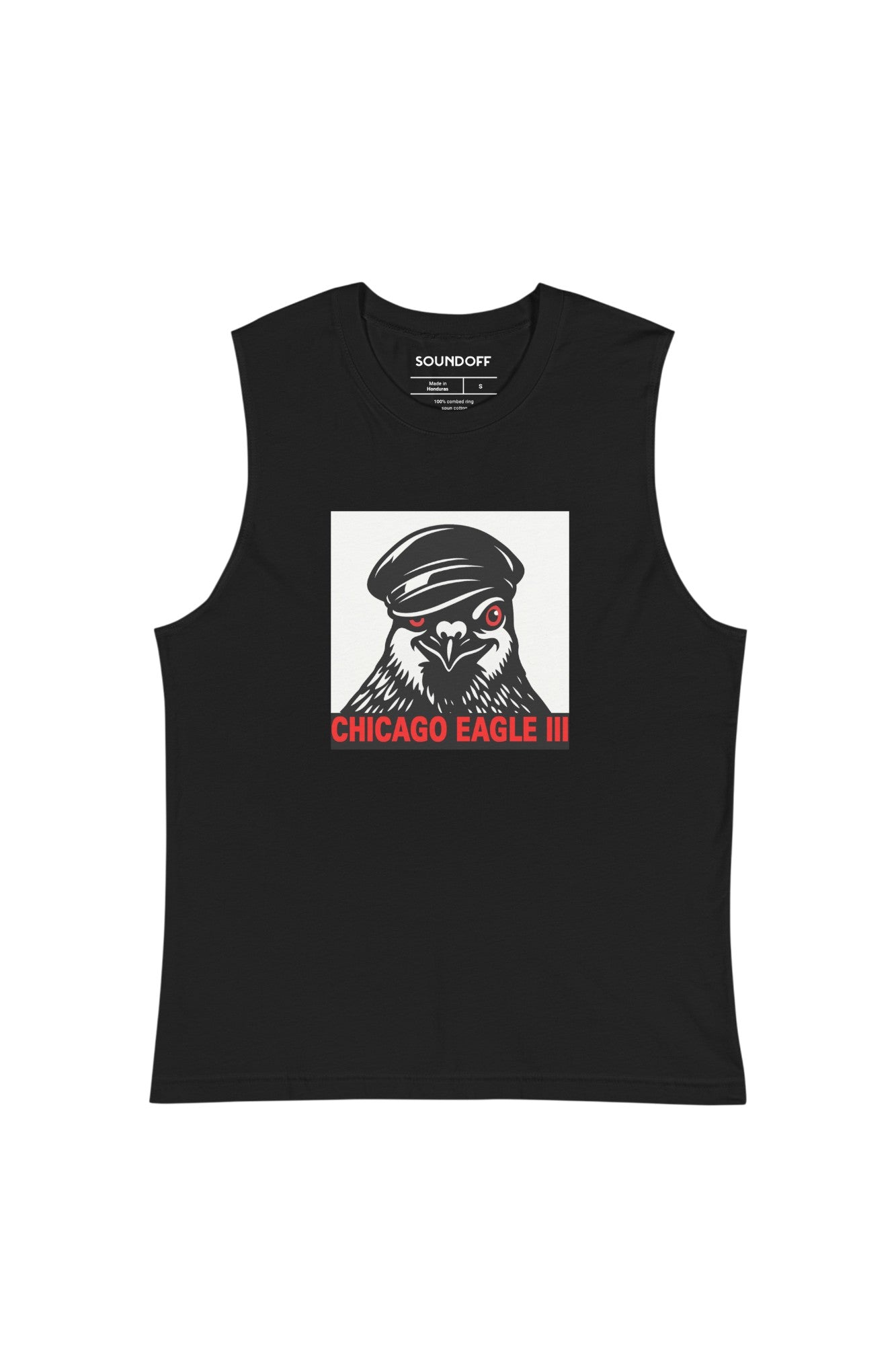 Black sleeveless t-shirt with a graphic of a pigeon wearing a leather cap on a white background and the text 'Chicago Eagle III' in crimson red on black background.