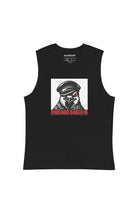 Black sleeveless t-shirt with a graphic of a pigeon wearing a leather cap on a white background and the text 'Chicago Eagle III' in crimson red on black background.