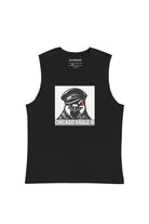 Black sleeveless t-shirt with a graphic of a pigeon wearing a leather cap on a white background and the text 'Chicago Eagle III' in white on silver grey background.