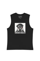 Black sleeveless t-shirt with a graphic of a pigeon wearing a leather cap on a white background and the text 'Chicago Eagle III' in stark white on black background.