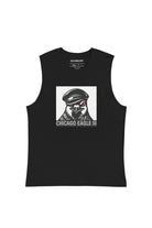 Black sleeveless t-shirt with a graphic of a pigeon wearing a leather cap on a white background and the text 'Chicago Eagle III' in steel grey on black background.