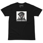 Black t-shirt with a graphic of a pigeon wearing a leather cap on a white background and the text 'Chicago Eagle III' in stark white on black background.