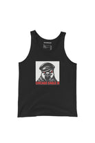 Black tank top with a graphic of a pigeon wearing a leather cap on a white background and the text 'Chicago Eagle III' in crimson red on black background.