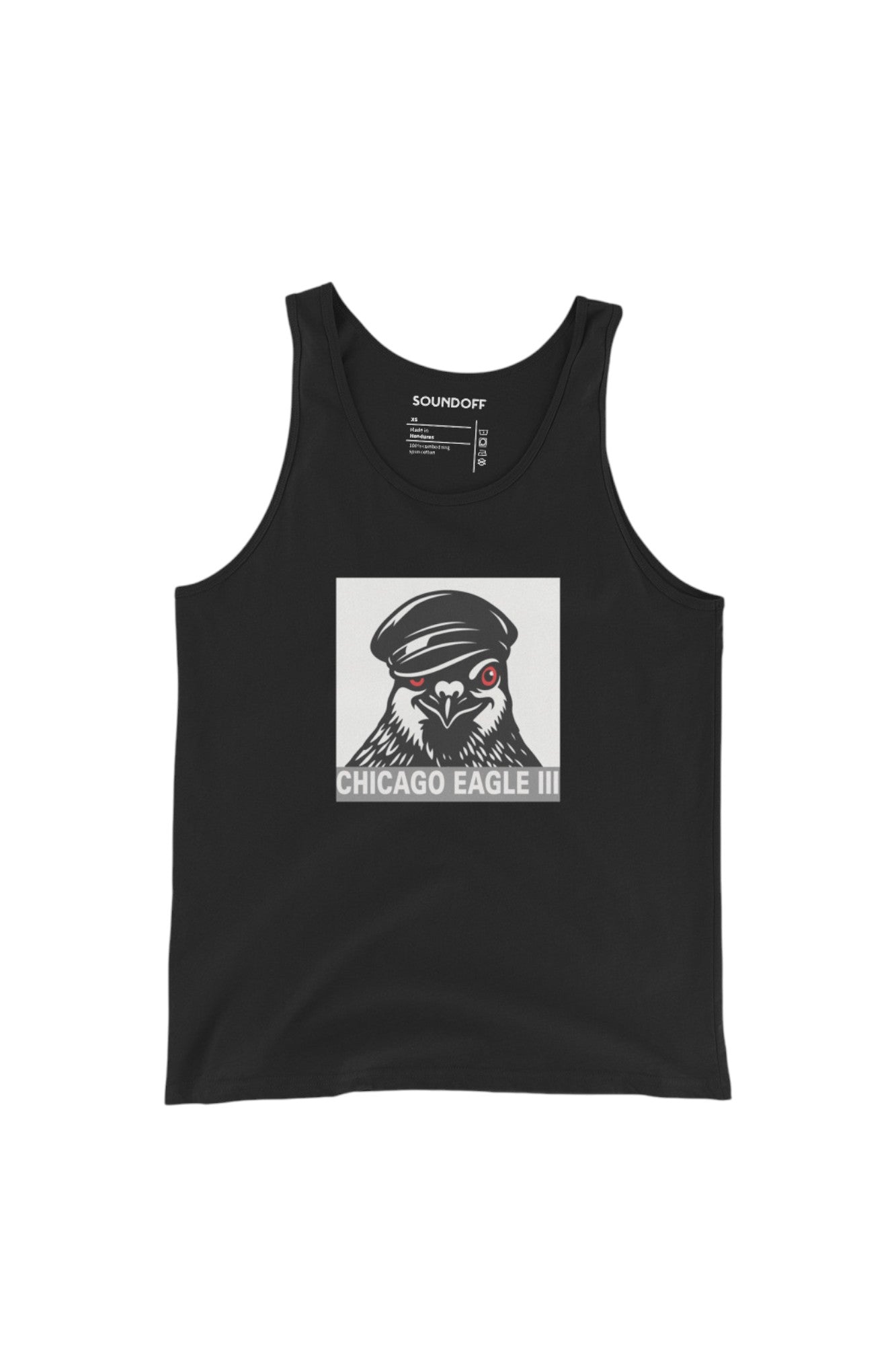 Black tank top with a graphic of a pigeon wearing a leather cap on a white background and the text 'Chicago Eagle III' in white on silver grey background.