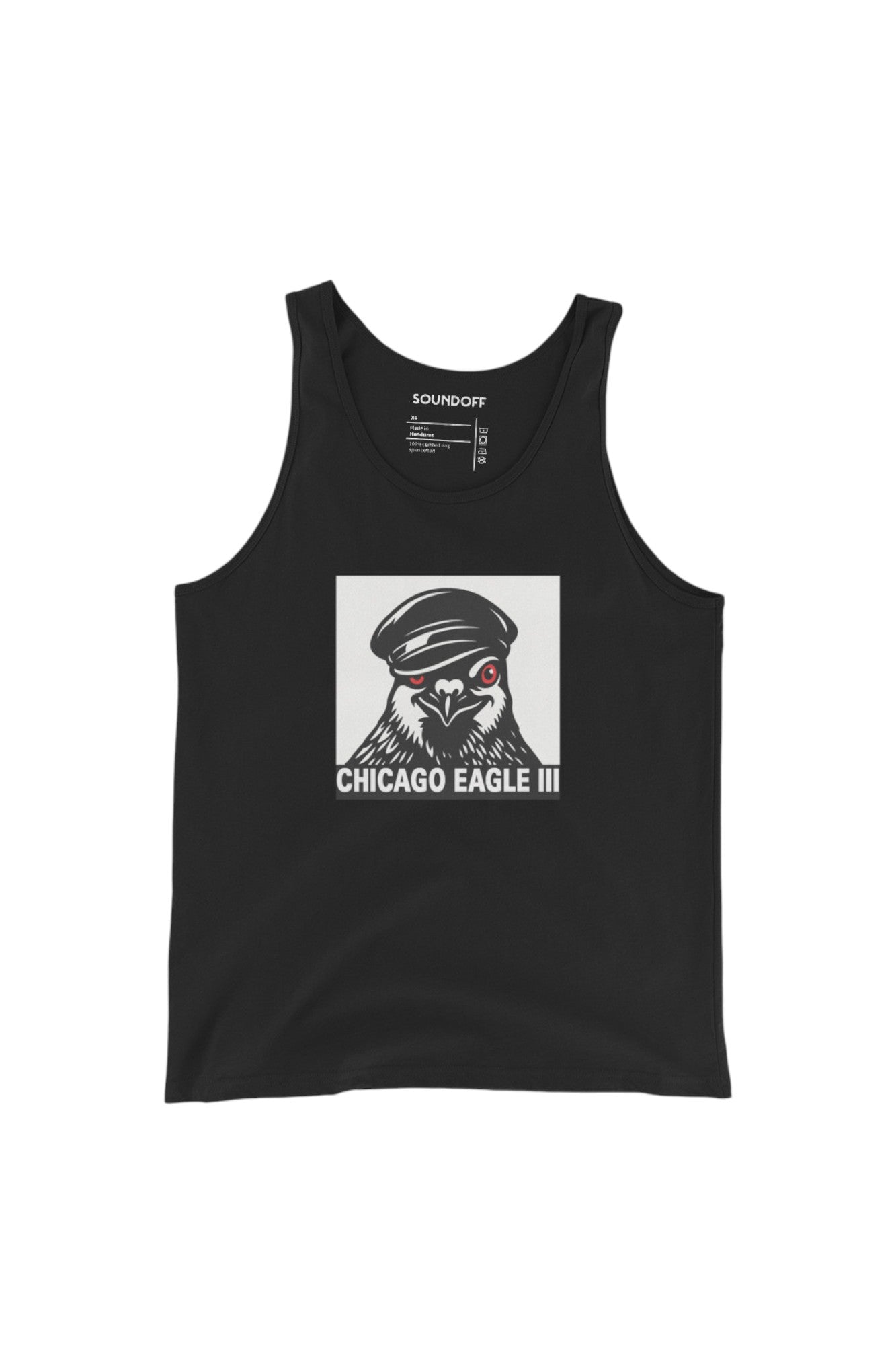 Black tank top with a graphic of a pigeon wearing a leather cap on a white background and the text 'Chicago Eagle III' in stark white on black background.
