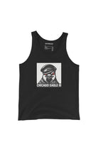 Black tank top with a graphic of a pigeon wearing a leather cap on a white background and the text 'Chicago Eagle III' in stark white on black background.