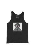 Black tank top with a graphic of a pigeon wearing a leather cap on a white background and the text 'Chicago Eagle III' in steel grey on black background.