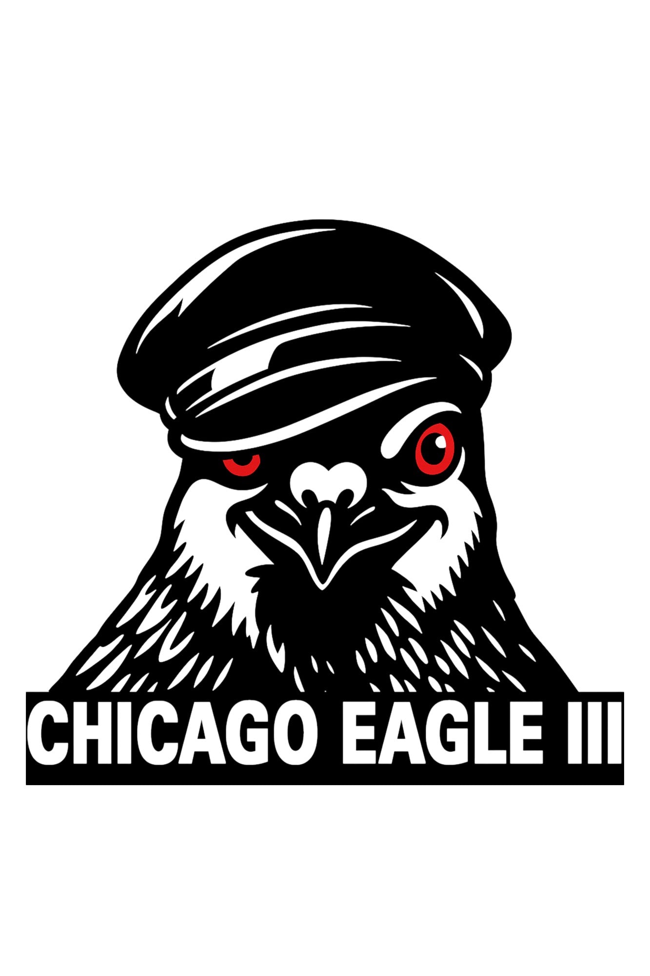 Chicago Eagle III logo with a pigeon wearing a leather cap on a white background with chicago eagle III in stark white on black background