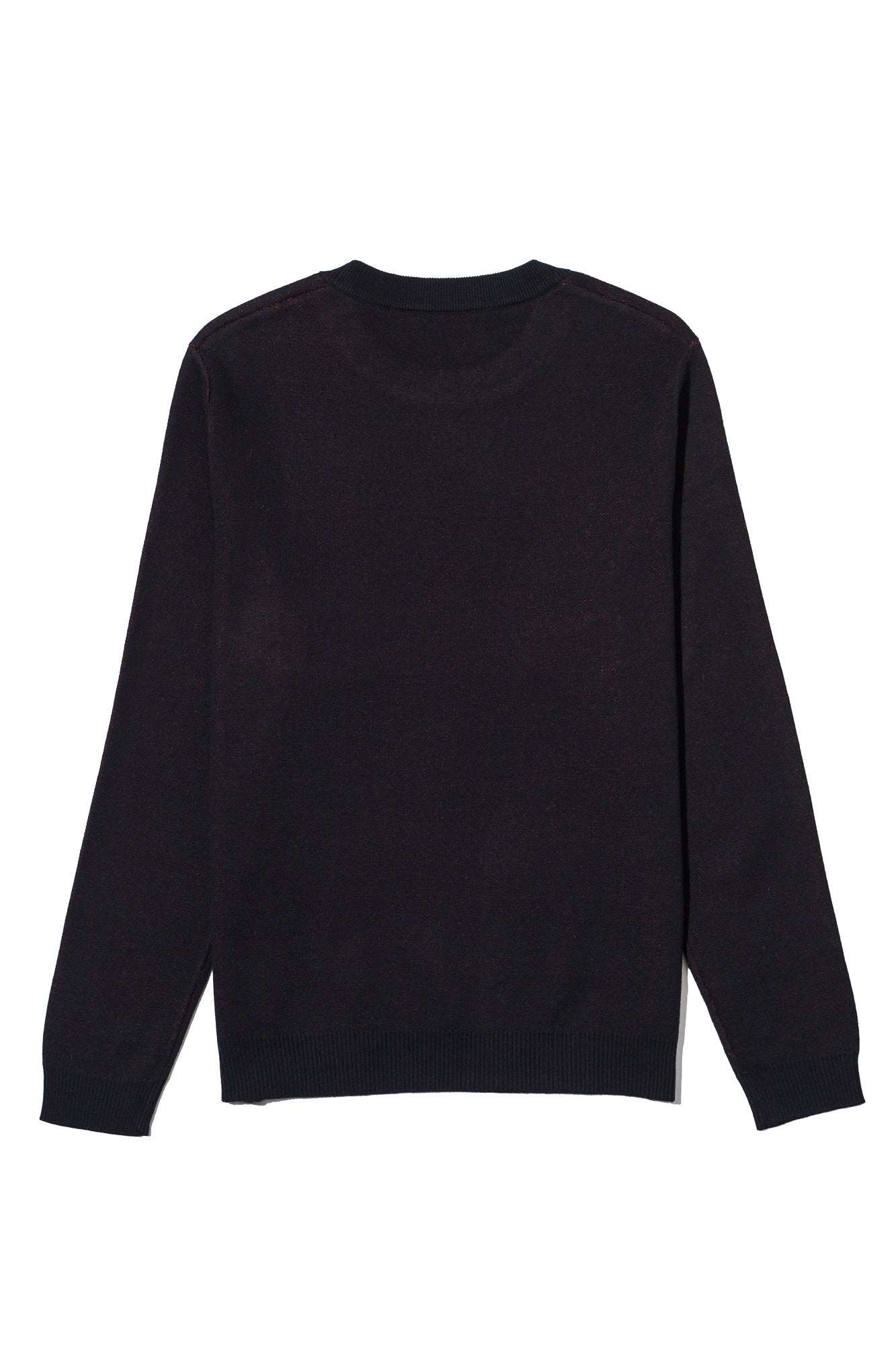 chicago heart classic crew neck knit sweater in black with red distressed heart graphic back view by soundoff