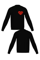 chicago heart classic crew neck knit sweater in black with red distressed heart graphic front and back view by soundoff