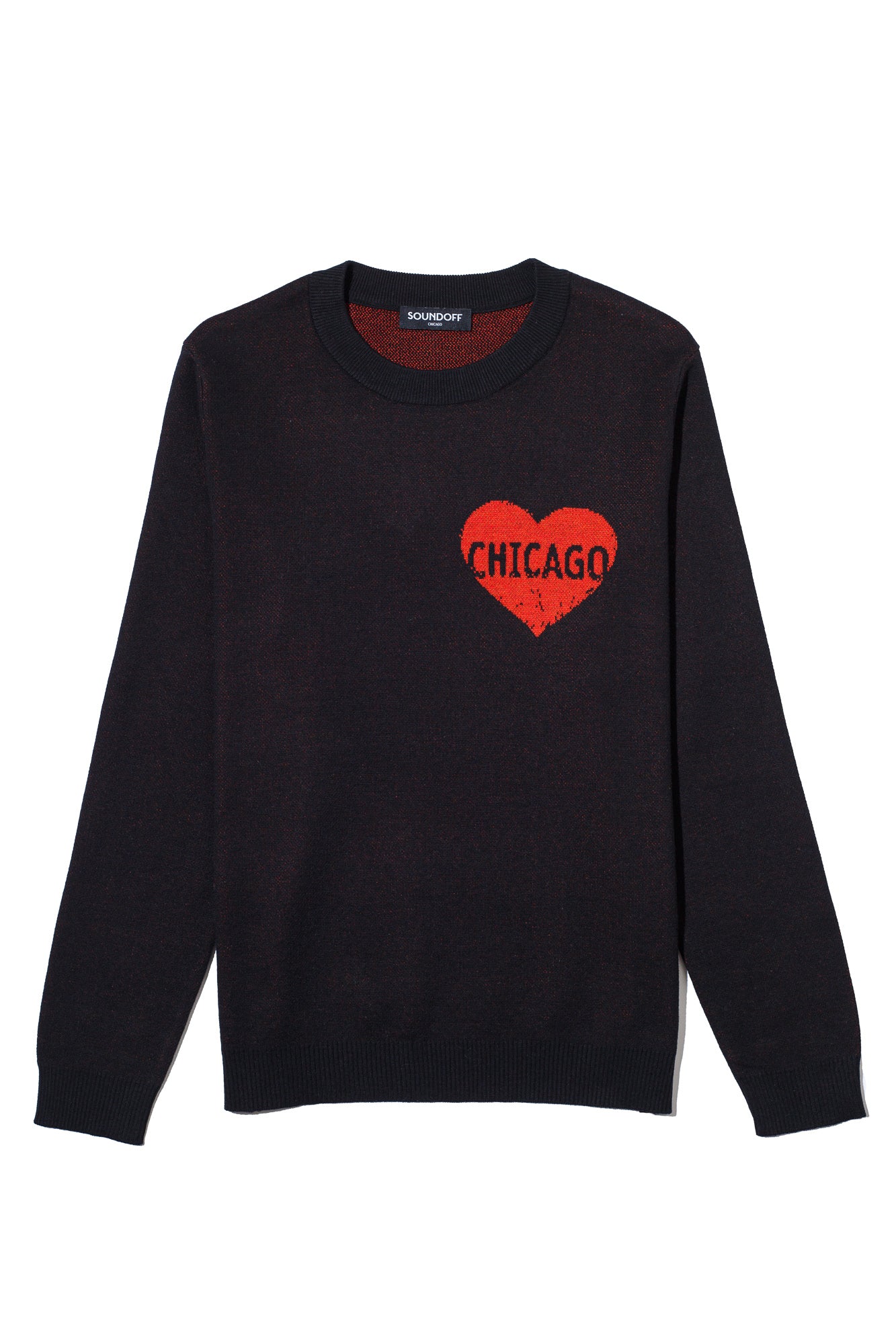 chicago heart classic crew neck knit sweater in black with red distressed heart graphic front view by soundoff