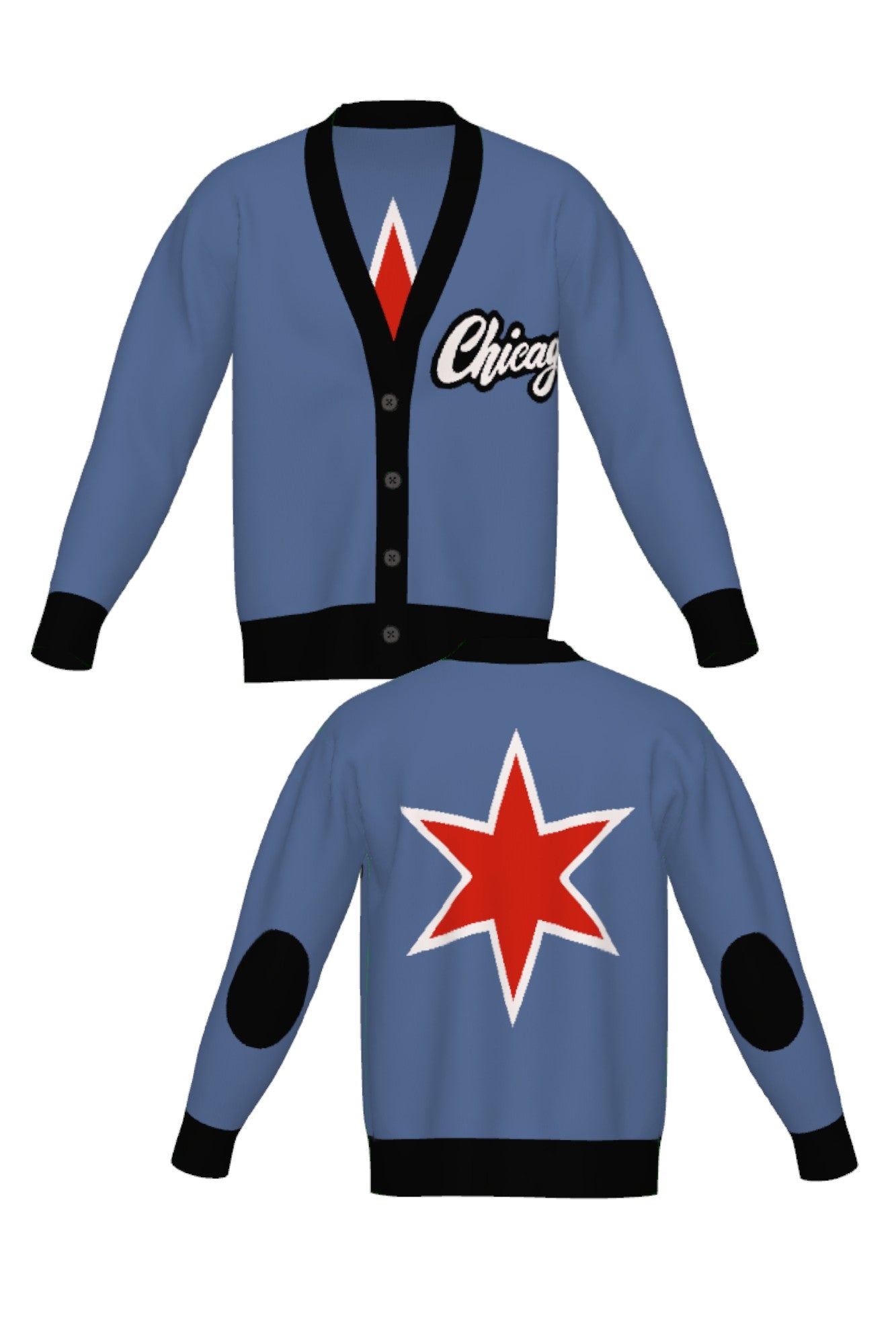 chicago script city star cardigan knit sweater in denim blue with chili red lettering front view and back by soundoff