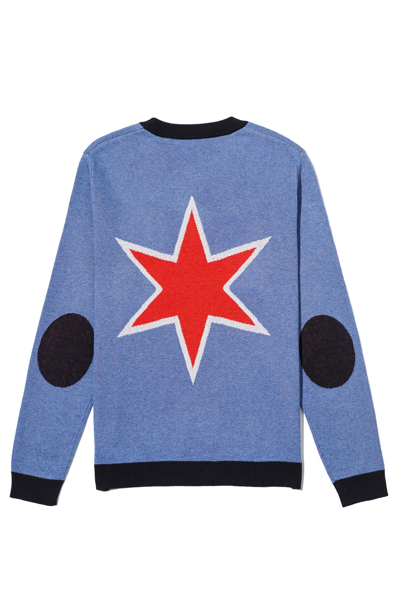 chicago script city star classic crew neck knit sweater in denim blue with chili red lettering back view by soundoff