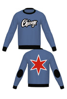 chicago script city star classic crew neck knit sweater in denim blue with chili red lettering front and back view by soundoff
