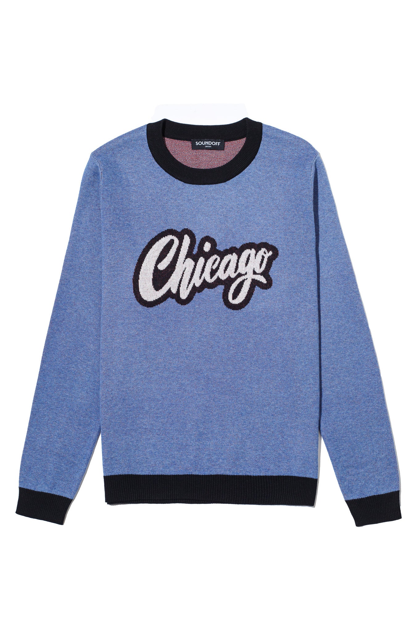 chicago script city star classic crew neck knit sweater in denim blue with chili red lettering front view by soundoff