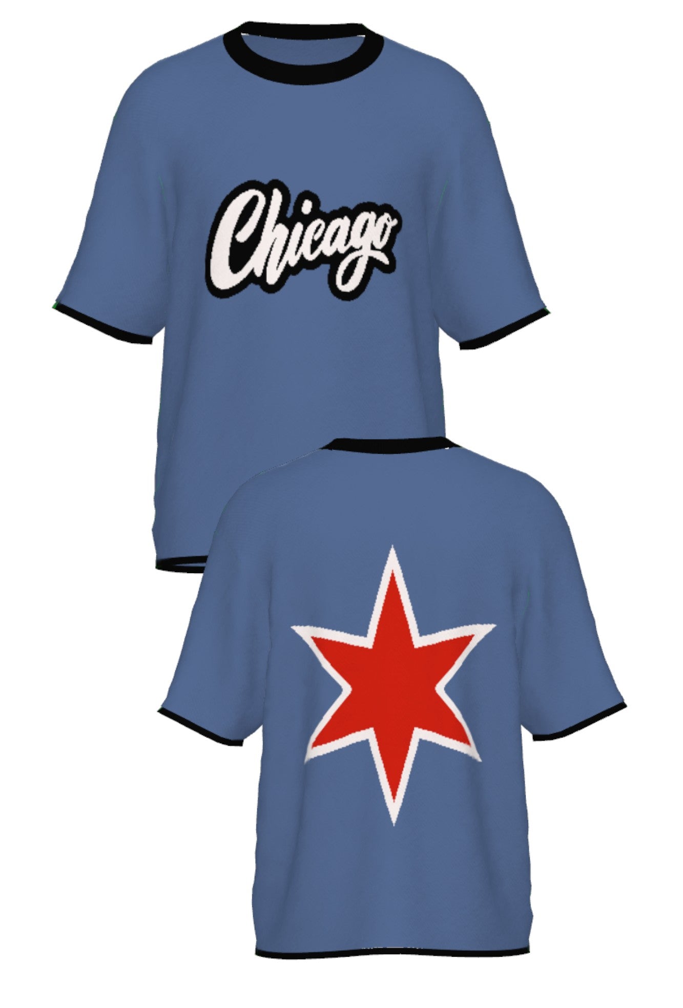 chicago script city star short sleeve knit sweater in denim blue with chili red lettering front view and back by soundoff