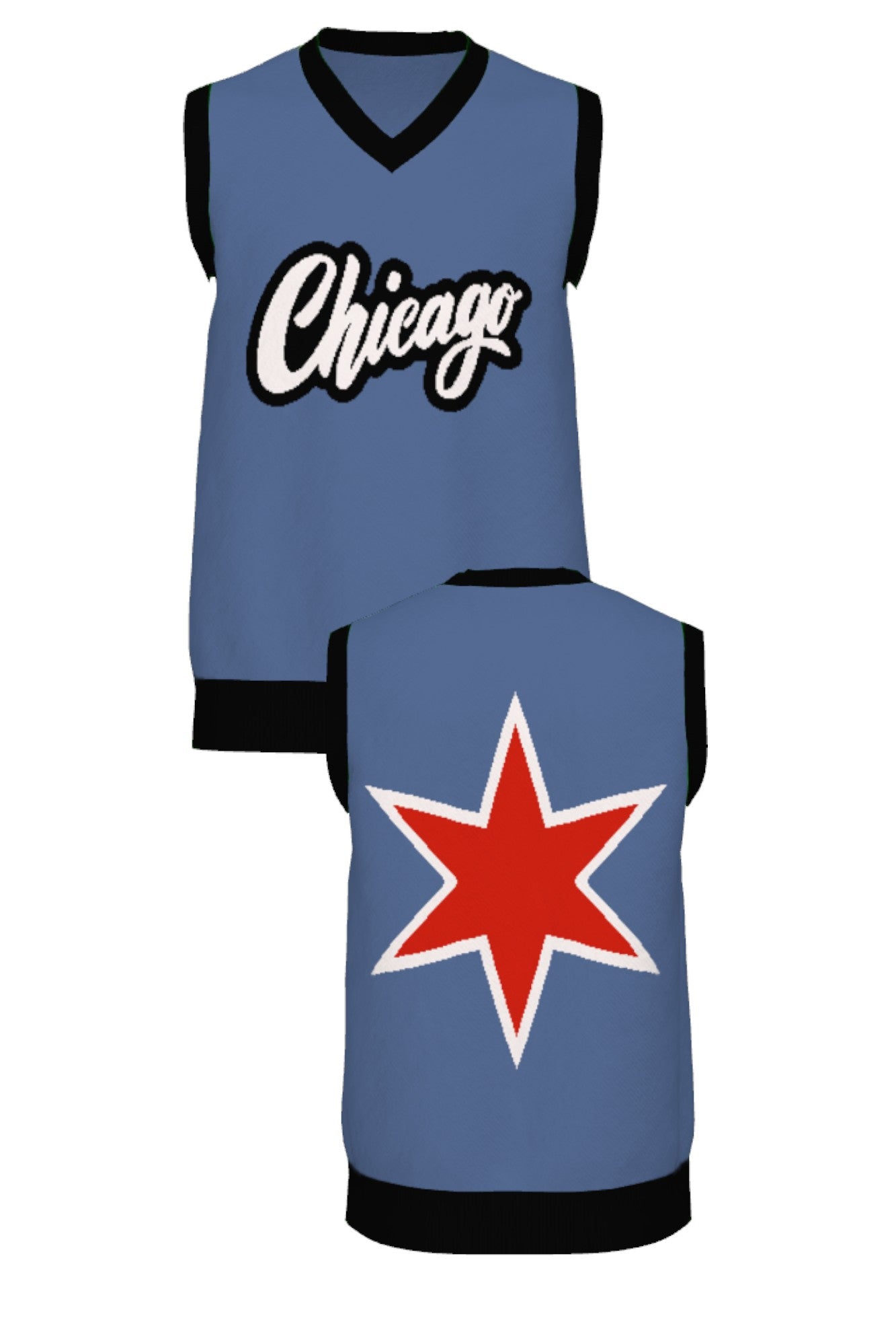 chicago script city star v neck vest knit sweater in denim blue with chili red lettering front view and back by soundoff