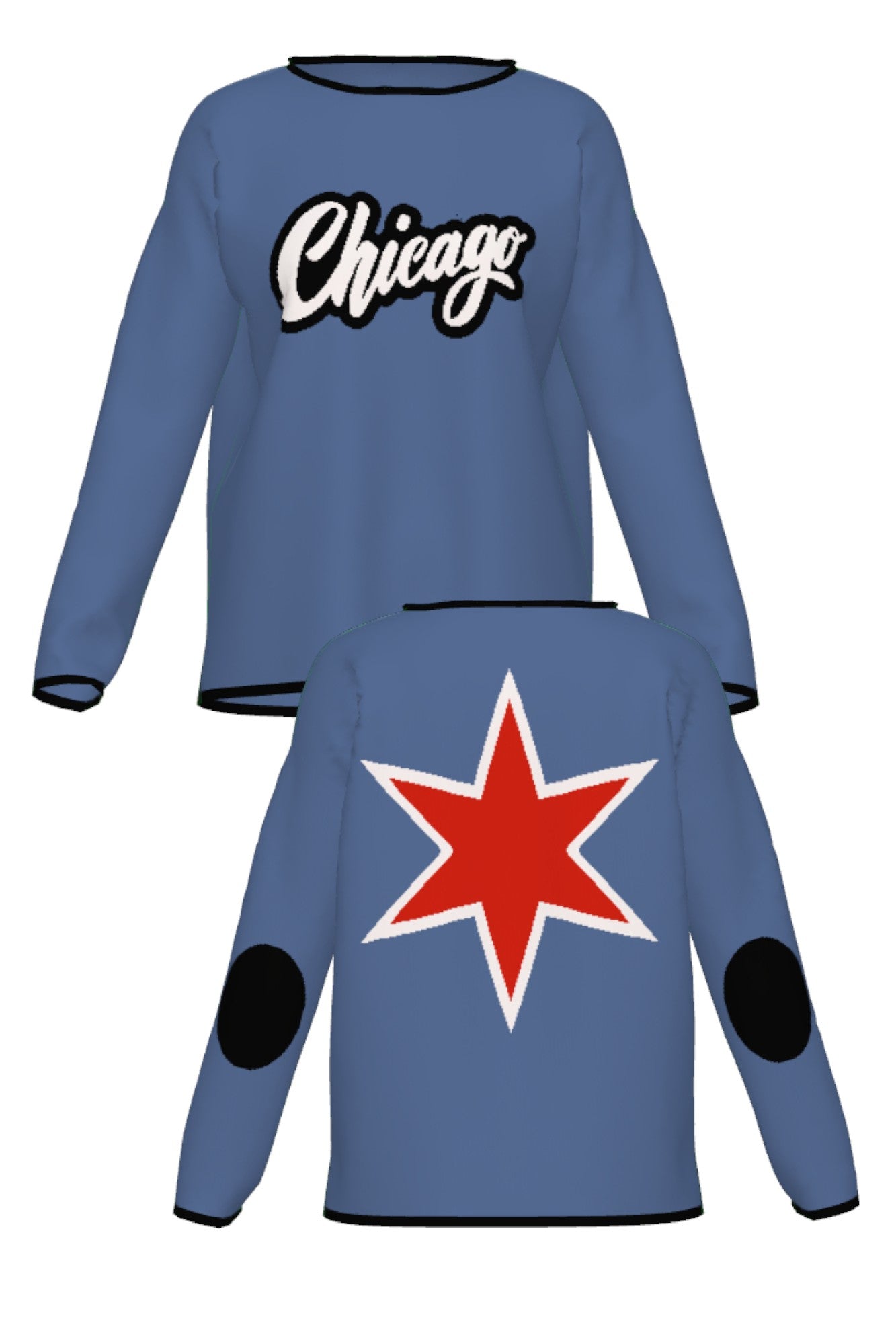 chicago script city star womens knit sweater in denim blue with chili red lettering front and back view by soundoff