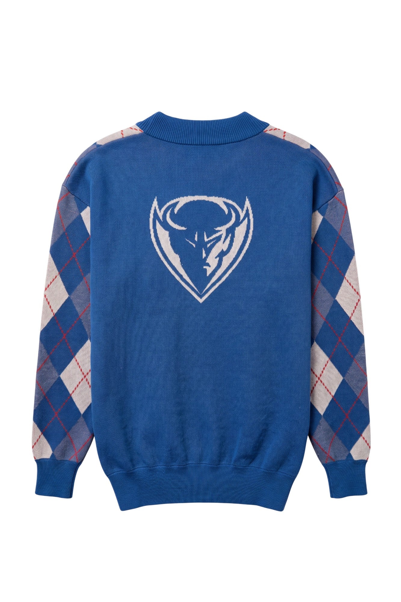 DePaul University Argyle Knit Sweater cardigan in Yale Blue, Denim, White and Chili Red with DIBS graphic by SOUNDOFF - back